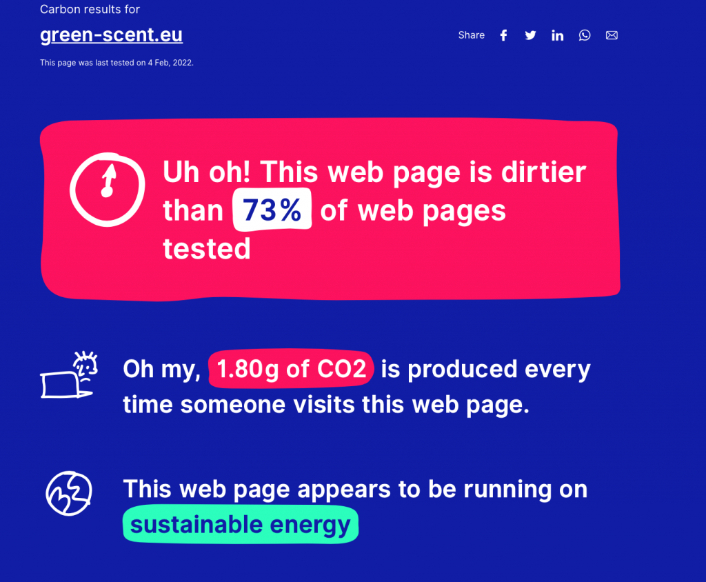 Screenshoot of the page calculating GreenSCENT website online pollution.