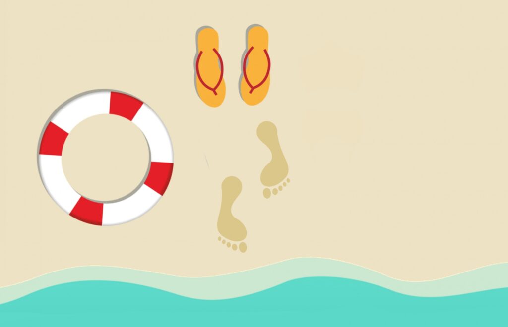 Illustration of a beach, flip flops, footprint, life jacket