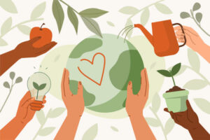 Illustration of hands holding the planet, an apple, a little plant and a watering can. The watering can is watering the planet.